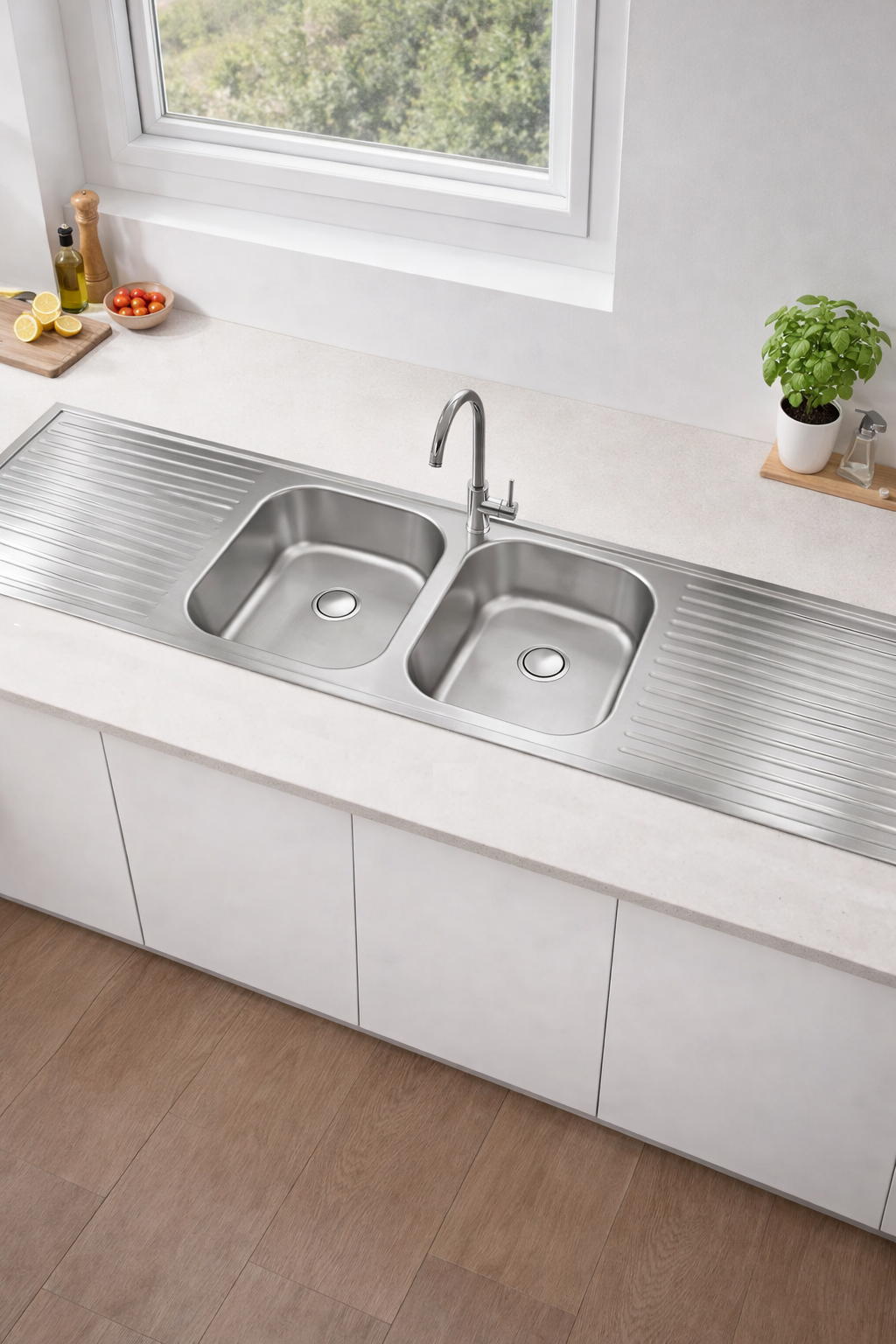ViandPro large stainless steel double drainer sink