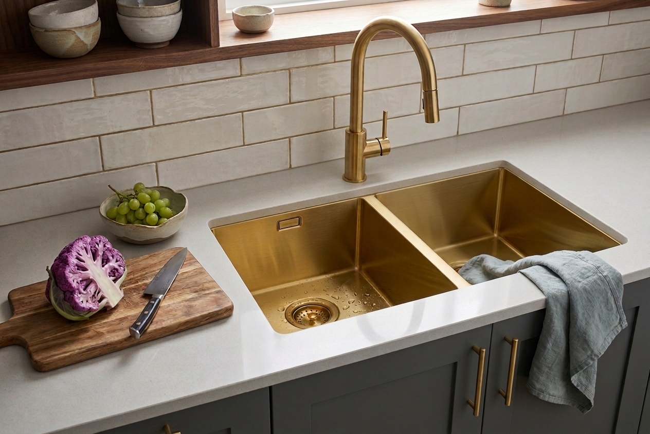ViandPro Brushed Brass double bowl undermount kitchen sink