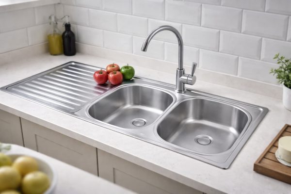 20260316_1346_Image-Generation_remix_01kkveah0zfpnrhnkh6yxqwp9g.jpg ViandPro 1200mm stainless steel kitchen sink installed in a commercial kitchen