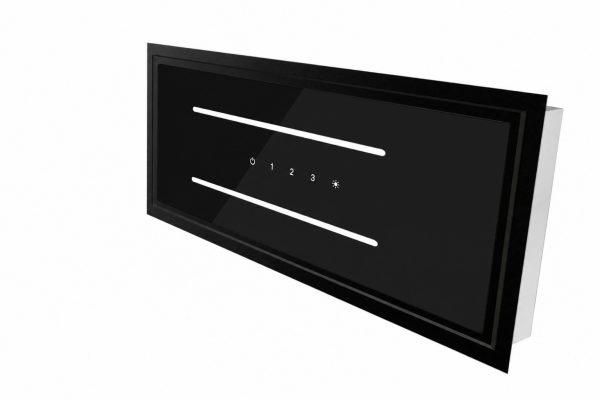 Centered control row on black glass hood Aria 90 x 30cm Ceiling Cooker Hood - Black