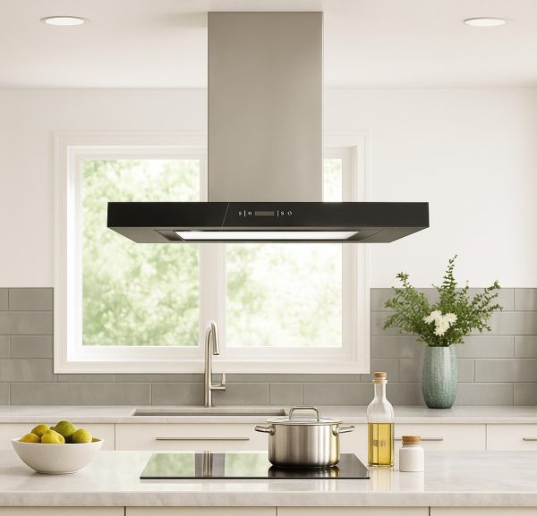 lifestyle.jpg ViandPro Maestro island cooker hood installed above a kitchen island