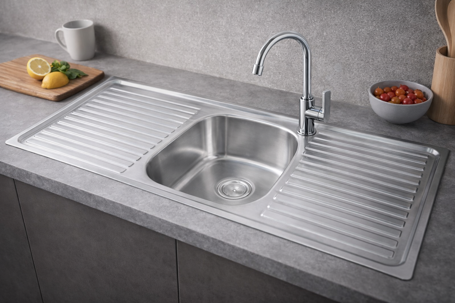 ViandPro stainless steel double drainer inset kitchen sink installed in a kitchen