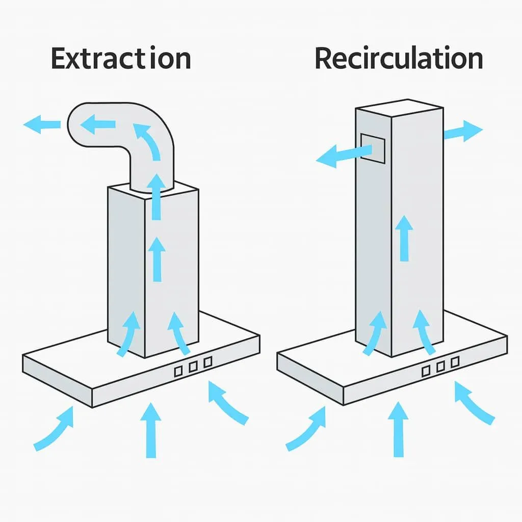 Ducted extraction vs recirculating cooker hood airflow diagram